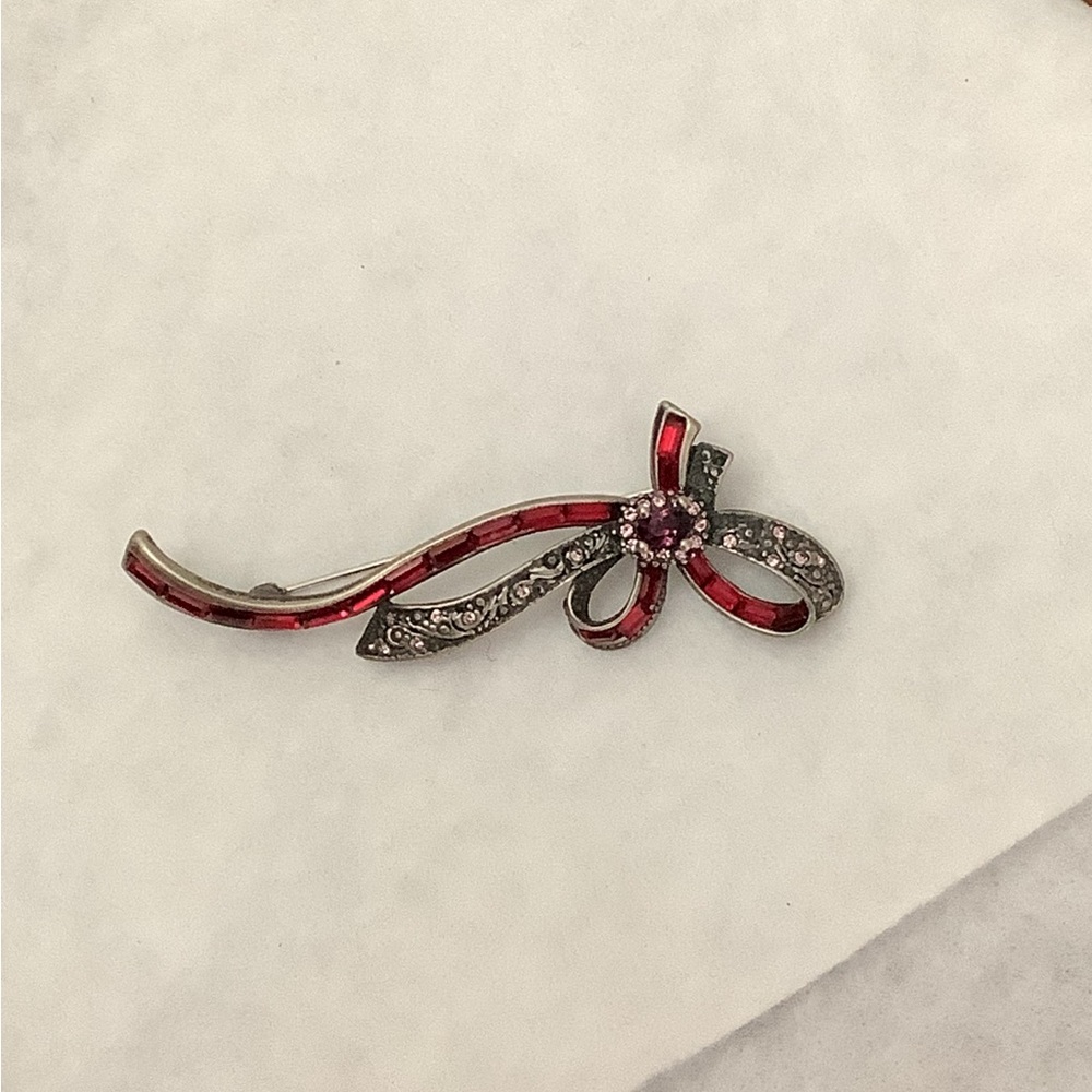 Red Ribbon Bow Brooch with Clear Crystal Accents
